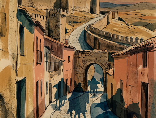 Cobbled medieval street leading to a hilltop fortress with horse riders