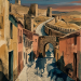 Cobbled medieval street leading to a hilltop fortress with horse riders