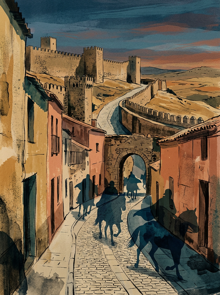 Cobbled medieval street leading to a hilltop fortress with horse riders